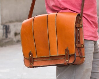 Leather Bag-Handmade bag-Messenger bag-Hand Sewn Leather bag-SADDLE TAN bag-BROWN bag-Cezar Bag