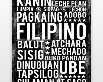 May include: Black and white graphic design featuring a list of Filipino food names, including "Kanin", "Leche Flan", "Lumpia", "Siopao", "Lechon", "Pagkaing Adobo", "Balut", "Atchara", "Sisig", "Mechado", "Buko Pandan", "Dinuguan", "Ube", "Tapsilog", and "Gulaman at Sago".