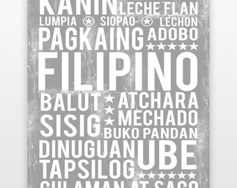 May include: A gray and white poster with the text "PANSIT PALABOK", "LUMPIA SIOPAO LECHON", "PAGKAING ADOBO", "FILIPINO", "BALUTATCHARA", "SISIGMECHADO", "DINUGUANUBE", "TAPSILOGE", "GULAMAN AT SAGO" in a distressed font.