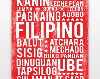 May include: A red background with white text listing various Filipino dishes, including Kanin, Leche Flan, Siopao, Lechon, Adobo, Balut, Atchara, Sisig, Mechado, Buko Pandan, Dinuguan, Ube, Tapsilog, and Gulaman at Sago.