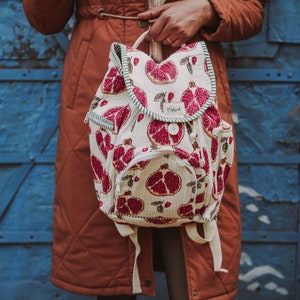 Handmade Cotton Quilted Bag, Backpack Girls, Cute Pomegranate Print Backpack, Travel Backpack, Stylish Bag, Sustainable Eco Friendly Bag.