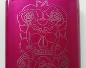 Sugar Skull 6oz Metal Engraved Hip Flask (metalic pink)