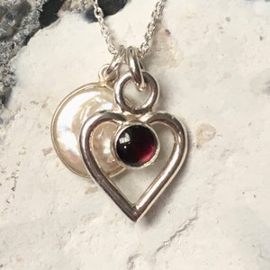 Heart Necklace, Garnet Heart Pendant with Freshwater Pearl, Love Necklace, Double Heart Necklace, Gift For Her, Love Gift, Mary Colyer image 7