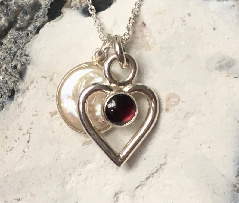 Heart Necklace, Garnet Heart Pendant with Freshwater Pearl, Love Necklace, Double Heart Necklace, Gift For Her, Love Gift, Mary Colyer image 7