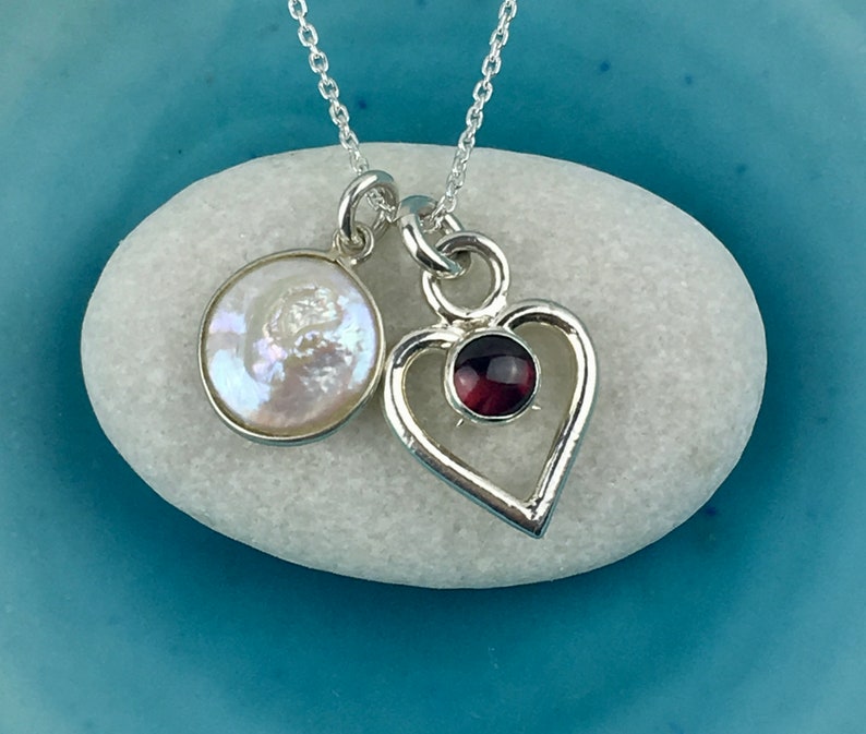 Heart Necklace, Garnet Heart Pendant with Freshwater Pearl, Love Necklace, Double Heart Necklace, Gift For Her, Love Gift, Mary Colyer image 1