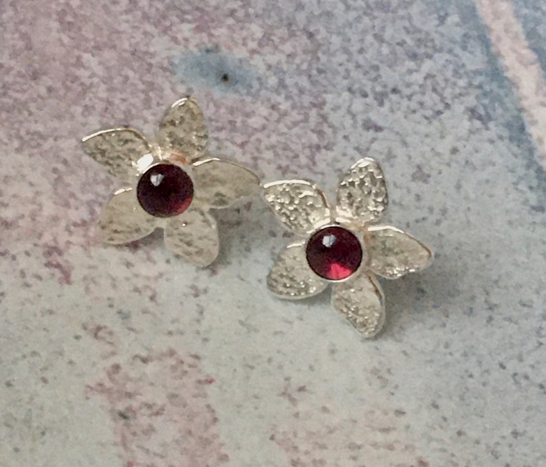 Flower Earrings Flower Posts Garnet Flower Studs Beaten Silver Post Earrings Silver Flower Stud Earrings Mary Colyer Jewellery image 3