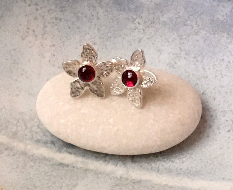 Flower Earrings Flower Posts Garnet Flower Studs Beaten Silver Post Earrings Silver Flower Stud Earrings Mary Colyer Jewellery image 7