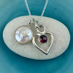 Heart Necklace, Garnet Heart Pendant with Freshwater Pearl, Love Necklace, Double Heart Necklace, Gift For Her, Love Gift, Mary Colyer image 4