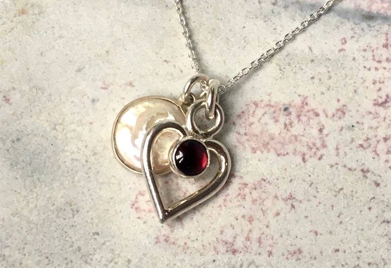 Heart Necklace, Garnet Heart Pendant with Freshwater Pearl, Love Necklace, Double Heart Necklace, Gift For Her, Love Gift, Mary Colyer image 6