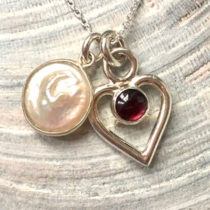 Heart Necklace, Garnet Heart Pendant with Freshwater Pearl, Love Necklace, Double Heart Necklace, Gift For Her, Love Gift, Mary Colyer image 3