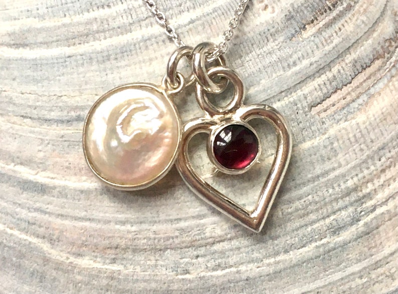 Heart Necklace, Garnet Heart Pendant with Freshwater Pearl, Love Necklace, Double Heart Necklace, Gift For Her, Love Gift, Mary Colyer image 3