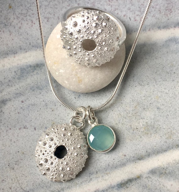 Silver Sea Urchin Necklace: Blue Agate Charm, Beach Jewelry