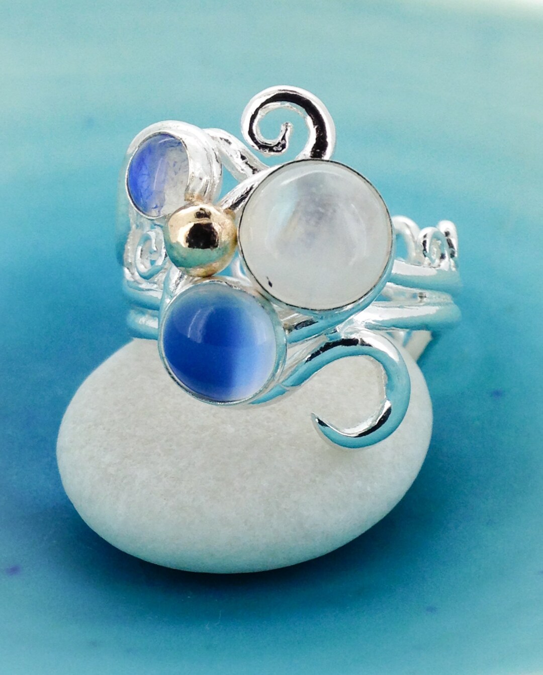 Moonstone Swirl Ring Multi Stone Silver Ring Size P Moonstone Boho Ring