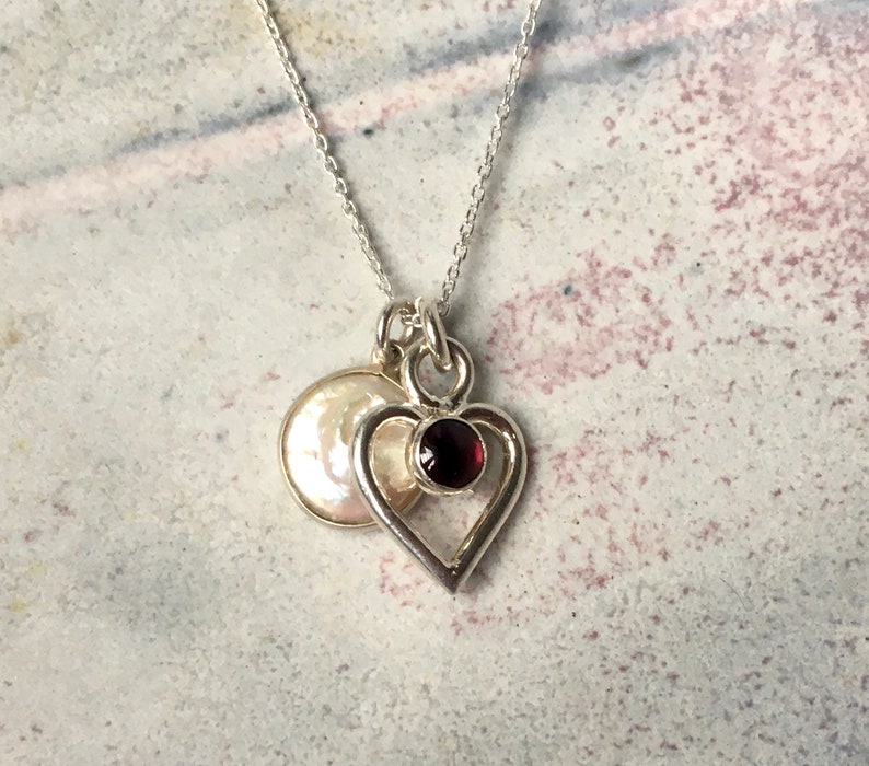 Heart Necklace, Garnet Heart Pendant with Freshwater Pearl, Love Necklace, Double Heart Necklace, Gift For Her, Love Gift, Mary Colyer image 8