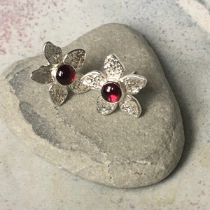 Flower Earrings Flower Posts Garnet Flower Studs Beaten Silver Post Earrings Silver Flower Stud Earrings Mary Colyer Jewellery image 2