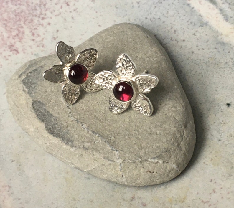 Flower Earrings Flower Posts Garnet Flower Studs Beaten Silver Post Earrings Silver Flower Stud Earrings Mary Colyer Jewellery image 2