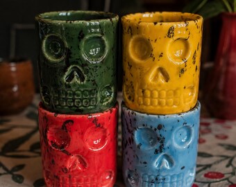 Set of 4 Handmade Skull Shot Glasses | Colorful Ceramic Mezcal Cups | Day of the Dead Inspired Barware | Oaxaca Mexico