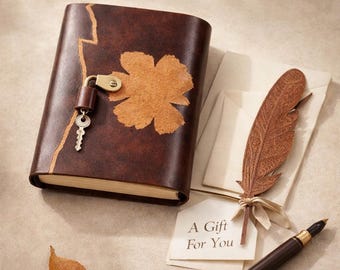 Handmade Lockable Leather Journal with Key - Lucky Leaf Design Diary