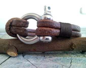 Men's Leather Bracelet in handmade. Nautical Clasp Bracelet, Christmas & Valentine Gift