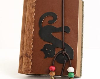 Black Cat Leather Journal – Handmade Boho Sketchbook for Cat Lovers