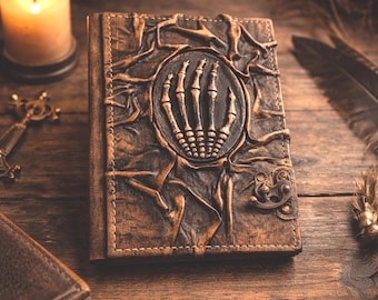 Skeleton Hand Leather Journal, Gothic Diary, Antique Lock Writing Notebook