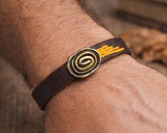 Celtic Spiral Leather Bracelet, Rustic Brown Wristband, Men's Minimalist Jewelry
