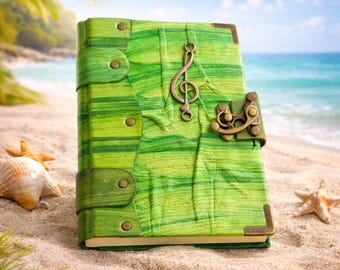Treble Clef Leather Journal, Green Vintage Diary, Blank Writing Journal, Gift for Music Lover