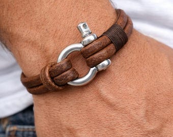 Men's Leather Bracelet in handmade. Nautical Clasp Bracelet, Christmas & Valentine Gift