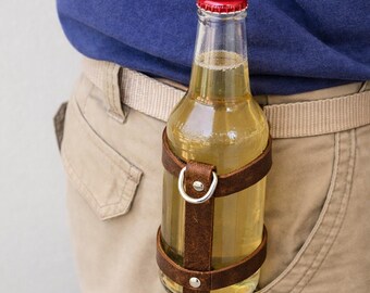 Handmade Leather Drink Bottle Holder: Adjustable Strap Carrier