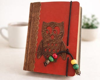 Wisdom Owl Red Leather Journal - Handmade Owl Notebook - Gift for Students and Teachers