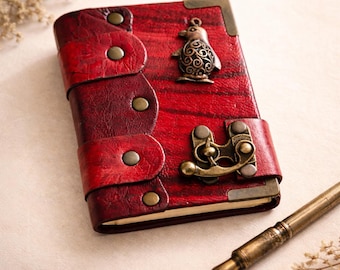 Mini Pocket Leather Journal for Kids - Tiny Red Penguin Diary with Lock
