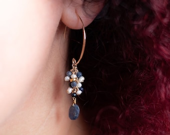 Sapphire Earrings - September birthstone drops. Birthday gift for daughter. Dark blue grown up mermaid jewelry. Mermaidcore chandelier pearl