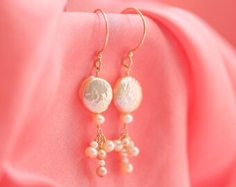 Pearl earrings - June birthstone. Mermaid jewelry for wife. Drop baroque pearl earrings for daughter. Bridal beach style wedding pearls.