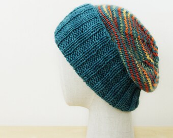 Teal striped slouch hat. Merino winter hat. Warm beanie gift for her. Sister present hat. Green unisex hat for him. Knit wool hat for fall.