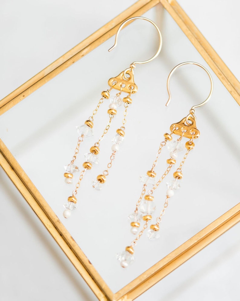 Herkimer Diamond Earrings April birthstone. Sparkly waterfall earrings for wedding. Bridal crystal jewelry. Mermaid wife anniversary gift. image 1