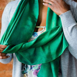 May Birthstone Sets. Emerald drop earrings. Silk scarf new job gift for mom. Green painted scarf. Hand dyed habotai silk for sister in law. Rectangle - 14x72 inches