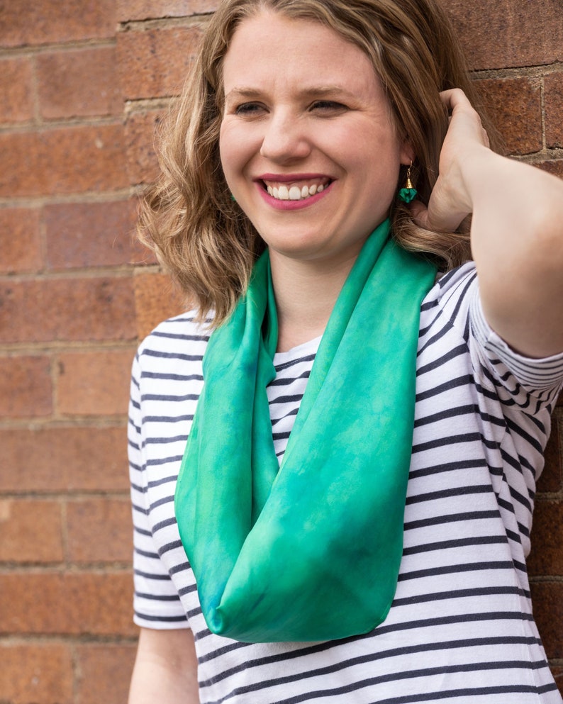 May Birthstone Sets. Emerald drop earrings. Silk scarf new job gift for mom. Green painted scarf. Hand dyed habotai silk for sister in law. Infinity - 11x76 inches