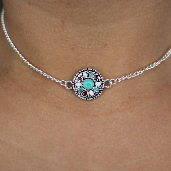 Red, White, and Turquoise Or Red, Green, and Turquoise Flower Mandala Silver Chain Choker/Short/Mid-Length Minimalist Layering Necklace.