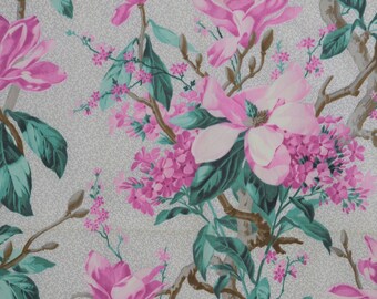 May include: A seamless pattern featuring pink and white magnolia flowers with green leaves on a light gray background.