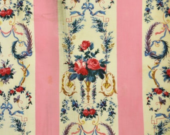 Antique Classical French Floral  Fabric, 1855-1865  Dated From Swatch Book Stunning Wallpaper Chintz Stripe