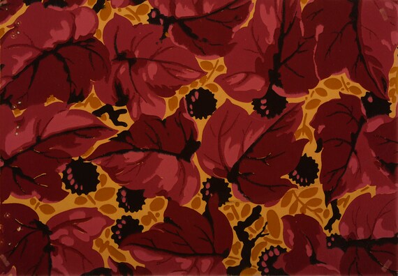 French Original Wallpaper Bold Large Leaves Maroon Red Pink | Etsy