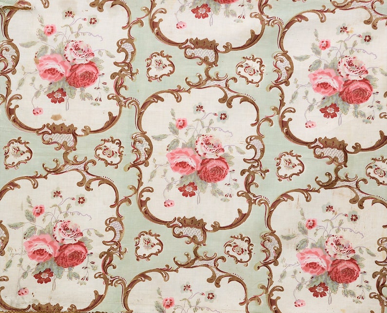 Antique French Fabric Hand Blocked Old Rose Chintz Style Cotton Fabric