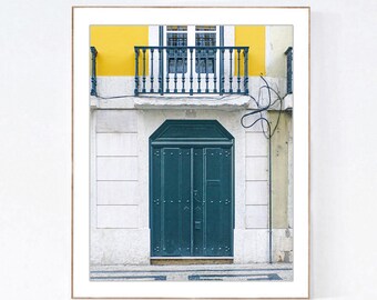 Door Photography Print, Lisbon Portugal Picture, Yellow and Green Wall Art, Vertical Photo