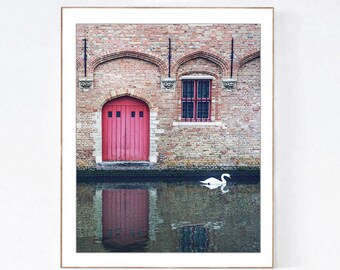 Bruges Swan and Red Door Photography Print, Belgium Canal Wall Art