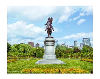Boston Public Garden and Skyline Photography Print, Horizontal Gallery Wall Art, Black and White New England Picture, Bedroom Wall Decor