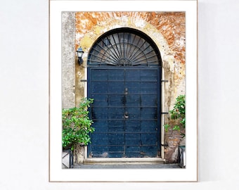 Rome Italy Photography Print: Rustic Dark Blue Door, Vertical Wall Art
