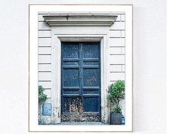 Dark Blue Door Print, Rustic Architecture in Rome Italy, Vertical Wall Art Decor