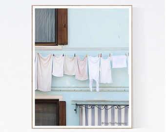 Laundry Room Art, Photography Print, Pastel Decor, Italy Wall Art, Powder Blue Picture, Bathroom Wall Decor, Vertical Art, Clothesline Photo