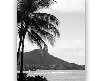 Diamond Head Print: Waikiki Beach Hawaii Photo, Black and White Photography, Oahu Picture
