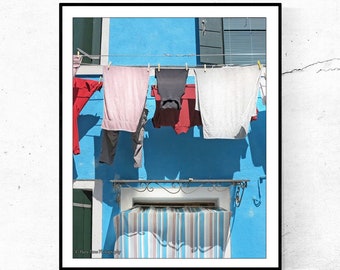 Laundry Room Decor, Colorful Blue Vertical Wall Art, Burano Italy Photography Print, Clothesline Photo, Bathroom Wall Decor, Italy Picture